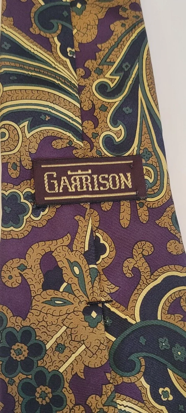 Garrison Silk Tie Mens Purple Gold Green Paisley All Silk Handmade USA Necktie